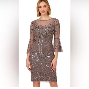 Adrianna Papell NWT SZ 8 Beaded Art Deco Cocktail Dress Bell Sleeve Sheer PARTY